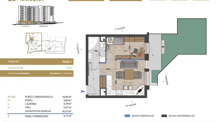 Rzut - Mieszkanie na sprzedaż 2 pokoje o powierzchni 36,33 m² - numer 2 w Osiedle Dakar Karolina