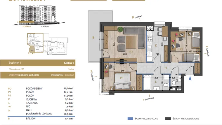 Rzut - Mieszkanie na sprzedaż 3 pokoje o powierzchni 68,14 m² - numer 6 w Osiedle Dakar Karolina