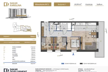 Rzut - Mieszkanie na sprzedaż 4 pokoje o powierzchni 69,99 m² - numer 72 w Osiedle Dakar Karolina