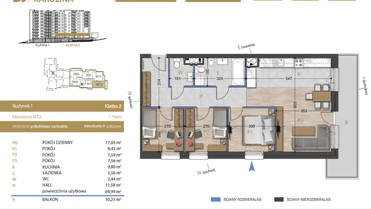 Rzut - Mieszkanie na sprzedaż 4 pokoje o powierzchni 69,99 m² - numer 72 w Osiedle Dakar Karolina