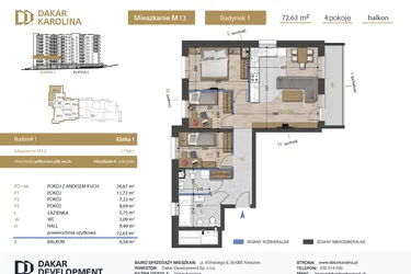 Rzut - Mieszkanie na sprzedaż 4 pokoje o powierzchni 72,63 m² - numer 13 w Osiedle Dakar Karolina