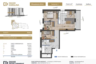 Rzut - Mieszkanie na sprzedaż 4 pokoje o powierzchni 72,63 m² - numer 20 w Osiedle Dakar Karolina