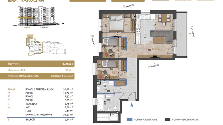 Rzut - Mieszkanie na sprzedaż 4 pokoje o powierzchni 72,63 m² - numer 20 w Osiedle Dakar Karolina