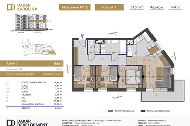 Rzut - Mieszkanie na sprzedaż 4 pokoje o powierzchni 67,5 m² - numer 100 w Osiedle Dakar Karolina