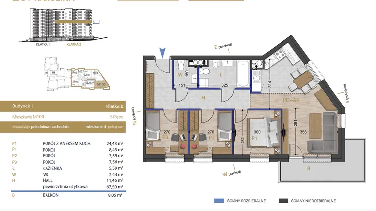 Rzut - Mieszkanie na sprzedaż 4 pokoje o powierzchni 67,5 m² - numer 100 w Osiedle Dakar Karolina