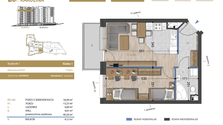 Rzut - Mieszkanie na sprzedaż 2 pokoje o powierzchni 40,28 m² - numer 52 w Osiedle Dakar Karolina