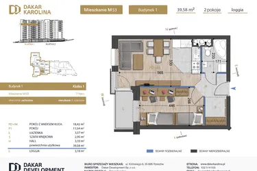 Rzut - Mieszkanie na sprzedaż 2 pokoje o powierzchni 39,58 m² - numer 53 w Osiedle Dakar Karolina