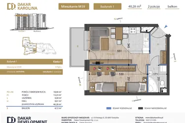 Rzut - Mieszkanie na sprzedaż 2 pokoje o powierzchni 40,28 m² - numer 59 w Osiedle Dakar Karolina