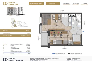 Rzut - Mieszkanie na sprzedaż 2 pokoje o powierzchni 39,58 m² - numer 60 w Osiedle Dakar Karolina