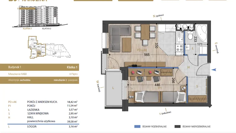 Rzut - Mieszkanie na sprzedaż 2 pokoje o powierzchni 39,58 m² - numer 60 w Osiedle Dakar Karolina