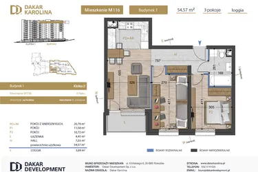 Rzut - Mieszkanie na sprzedaż 3 pokoje o powierzchni 54,57 m² - numer 116 w Osiedle Dakar Karolina
