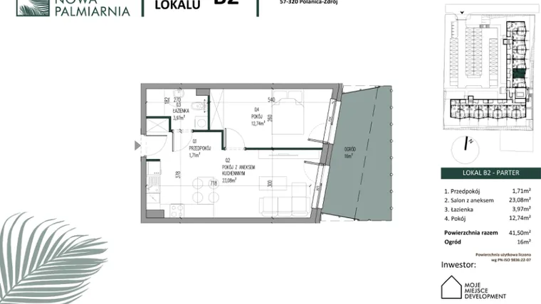 Rzut - Mieszkanie na sprzedaż 2 pokoje o powierzchni 41,5 m² - numer B02 w Nowa Palmiarnia