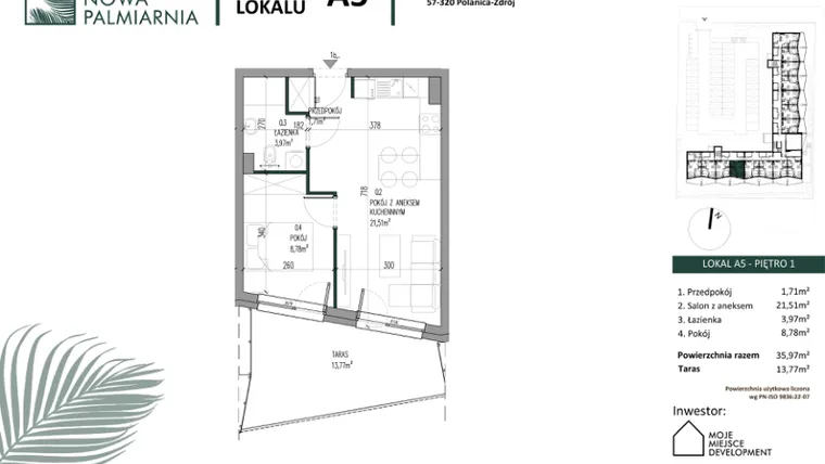 Rzut - Mieszkanie na sprzedaż 2 pokoje o powierzchni 35,97 m² - numer A05 w Nowa Palmiarnia