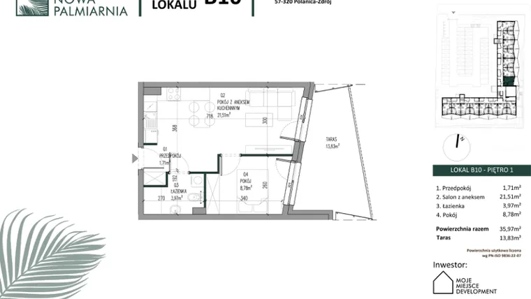 Rzut - Mieszkanie na sprzedaż 2 pokoje o powierzchni 35,97 m² - numer B10 w Nowa Palmiarnia