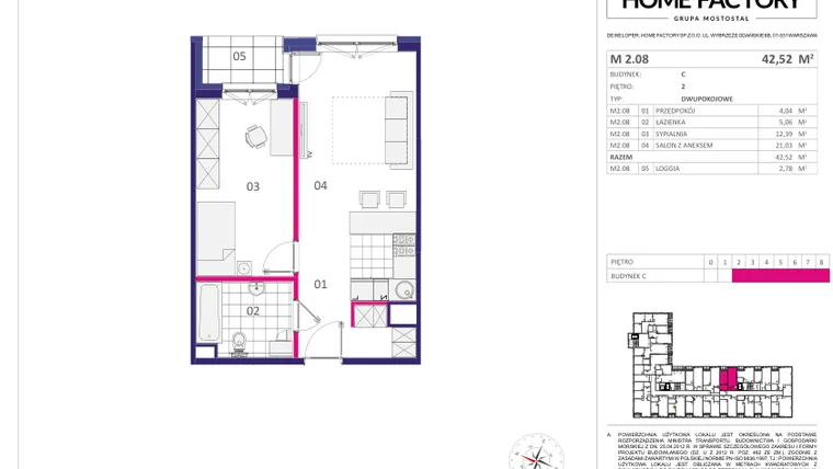 Rzut - Mieszkanie na sprzedaż 2 pokoje o powierzchni 42,52 m² - numer M 2.08 w Home Factory etap III