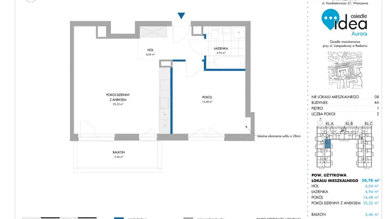 Rzut - Mieszkanie na sprzedaż 2 pokoje o powierzchni 50,93 m² - numer 4A/8 w Osiedle Idea Aurora