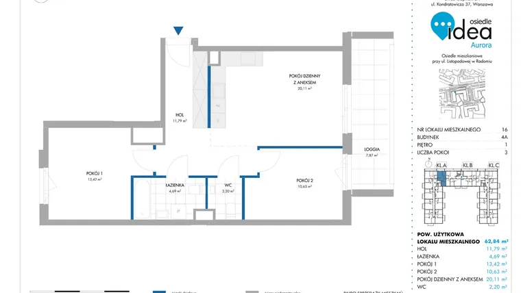 Rzut - Mieszkanie na sprzedaż 3 pokoje o powierzchni 62,81 m² - numer 4A/16 w Osiedle Idea Aurora