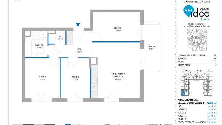 Rzut - Mieszkanie na sprzedaż 4 pokoje o powierzchni 73,64 m² - numer 4A/20 w Osiedle Idea Aurora