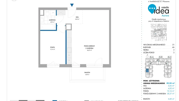 Rzut - Mieszkanie na sprzedaż 2 pokoje o powierzchni 49,53 m² - numer 4A/21 w Osiedle Idea Aurora
