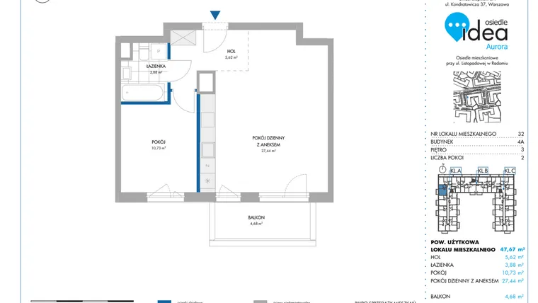 Rzut - Mieszkanie na sprzedaż 2 pokoje o powierzchni 47,73 m² - numer 4A/32 w Osiedle Idea Aurora