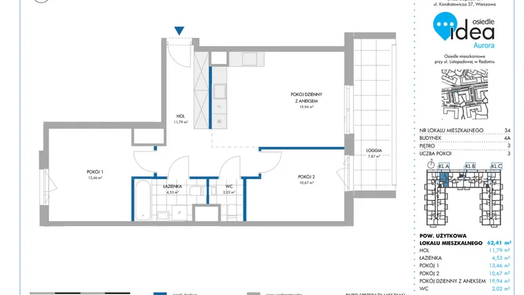 Rzut - Mieszkanie na sprzedaż 3 pokoje o powierzchni 62,62 m² - numer 4A/34 w Osiedle Idea Aurora