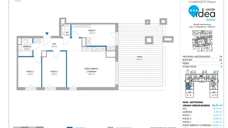Rzut - Mieszkanie na sprzedaż 4 pokoje o powierzchni 86,72 m² - numer 4A/36 w Osiedle Idea Aurora