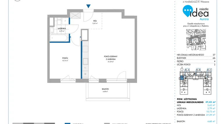 Rzut - Mieszkanie na sprzedaż 2 pokoje o powierzchni 47,41 m² - numer 4A/37 w Osiedle Idea Aurora