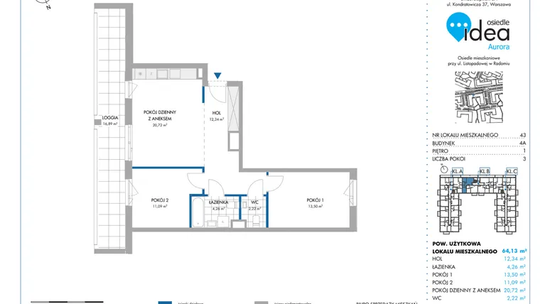 Rzut - Mieszkanie na sprzedaż 3 pokoje o powierzchni 64,04 m² - numer 4A/43 w Osiedle Idea Aurora