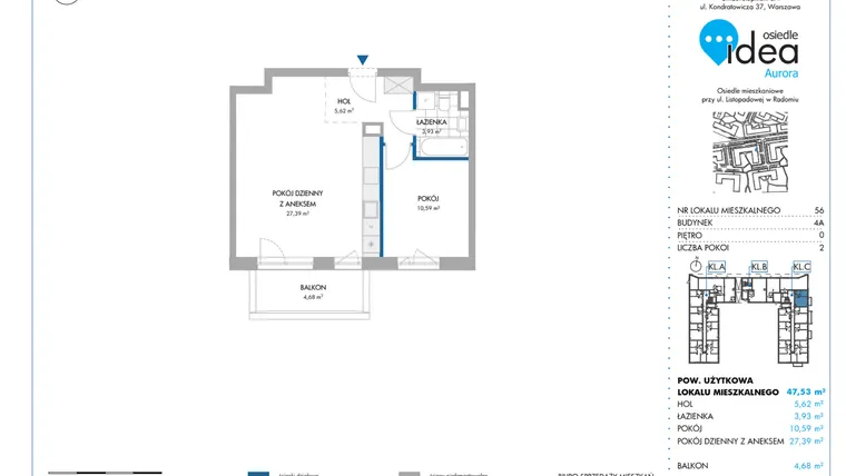 Rzut - Mieszkanie na sprzedaż 2 pokoje o powierzchni 47,5 m² - numer 4A/56 w Osiedle Idea Aurora
