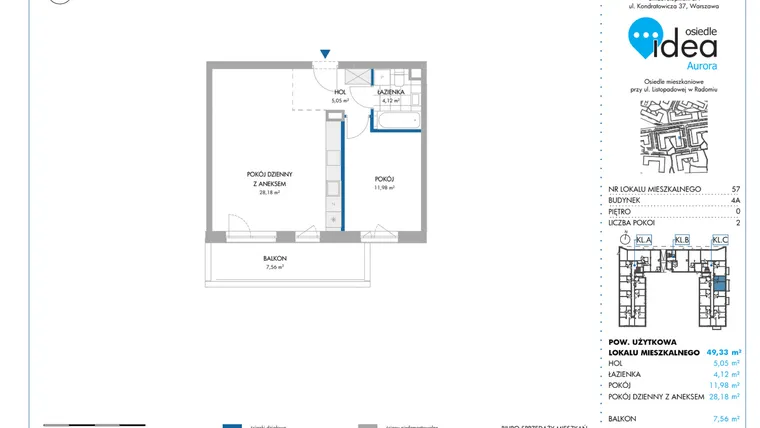 Rzut - Mieszkanie na sprzedaż 2 pokoje o powierzchni 49,32 m² - numer 4A/57 w Osiedle Idea Aurora