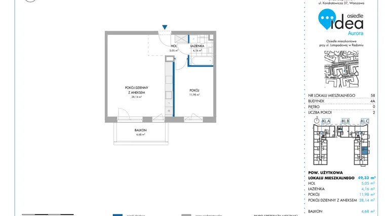 Rzut - Mieszkanie na sprzedaż 2 pokoje o powierzchni 49,4 m² - numer 4A/58 w Osiedle Idea Aurora