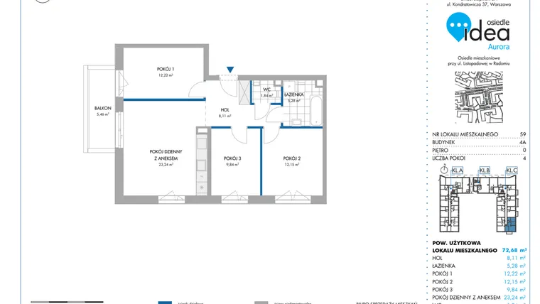 Rzut - Mieszkanie na sprzedaż 4 pokoje o powierzchni 72,77 m² - numer 4A/59 w Osiedle Idea Aurora