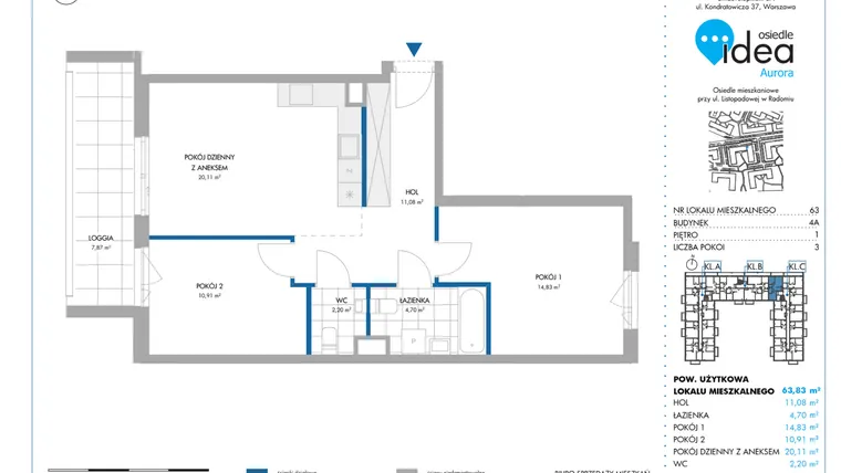 Rzut - Mieszkanie na sprzedaż 3 pokoje o powierzchni 63,99 m² - numer 4A/63 w Osiedle Idea Aurora