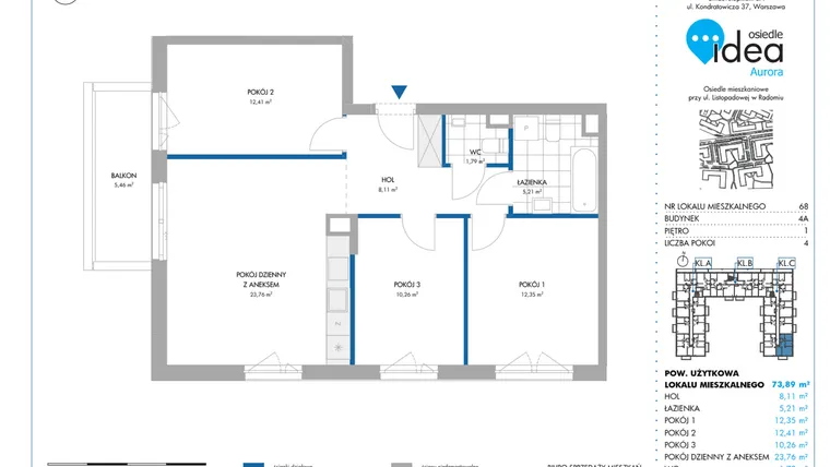 Rzut - Mieszkanie na sprzedaż 4 pokoje o powierzchni 74,05 m² - numer 4A/68 w Osiedle Idea Aurora