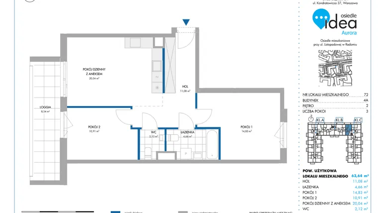 Rzut - Mieszkanie na sprzedaż 3 pokoje o powierzchni 63,64 m² - numer 4A/72 w Osiedle Idea Aurora