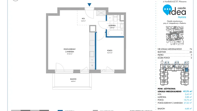 Rzut - Mieszkanie na sprzedaż 2 pokoje o powierzchni 47,57 m² - numer 4A/74 w Osiedle Idea Aurora