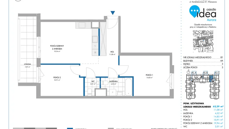 Rzut - Mieszkanie na sprzedaż 3 pokoje o powierzchni 63,24 m² - numer 4A/81 w Osiedle Idea Aurora