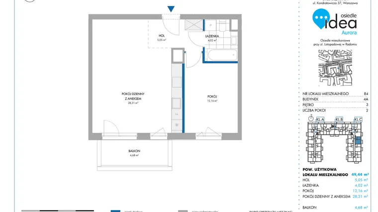 Rzut - Mieszkanie na sprzedaż 2 pokoje o powierzchni 49,52 m² - numer 4A/84 w Osiedle Idea Aurora