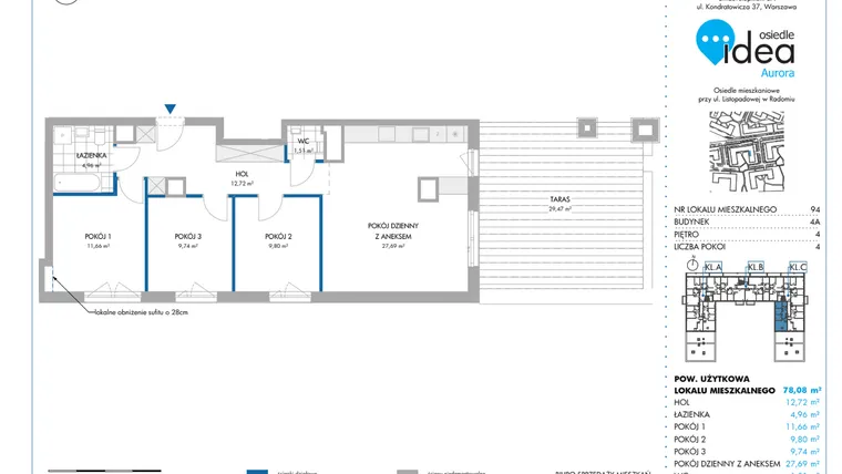 Rzut - Mieszkanie na sprzedaż 4 pokoje o powierzchni 78,19 m² - numer 4A/94 w Osiedle Idea Aurora