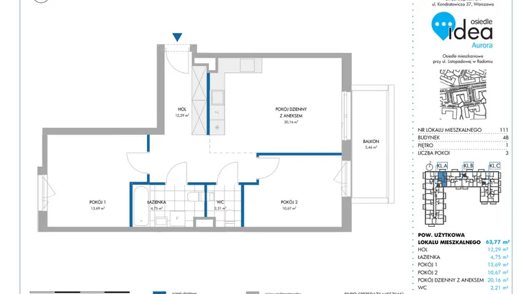 Rzut - Mieszkanie na sprzedaż 3 pokoje o powierzchni 63,82 m² - numer 4B/111 w Osiedle Idea Aurora