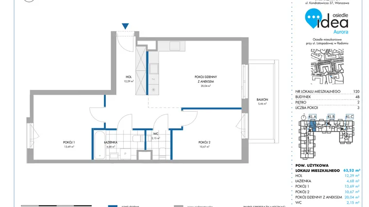 Rzut - Mieszkanie na sprzedaż 3 pokoje o powierzchni 63,64 m² - numer 4B/120 w Osiedle Idea Aurora