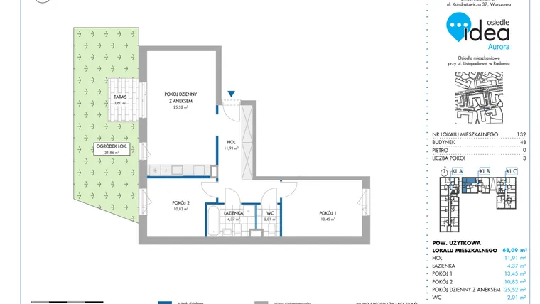 Rzut - Mieszkanie na sprzedaż 3 pokoje o powierzchni 68,3 m² - numer 4B/132 w Osiedle Idea Aurora
