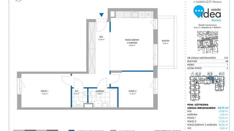 Rzut - Mieszkanie na sprzedaż 3 pokoje o powierzchni 64,74 m² - numer 4B/133 w Osiedle Idea Aurora