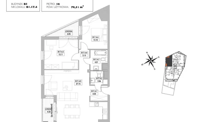 Rzut - Mieszkanie na sprzedaż 3 pokoje o powierzchni 78,48 m² - numer B1.17.4 w Alvarium 2.0