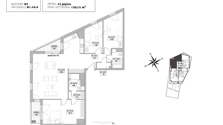 Rzut - Mieszkanie na sprzedaż 4 pokoje o powierzchni 119,14 m² - numer B1.16.4 w Alvarium 2.0