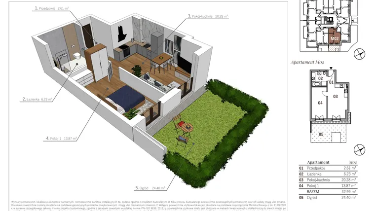 Rzut - Mieszkanie na sprzedaż 2 pokoje o powierzchni 42,99 m² - numer M02 w Przy Parku etap II
