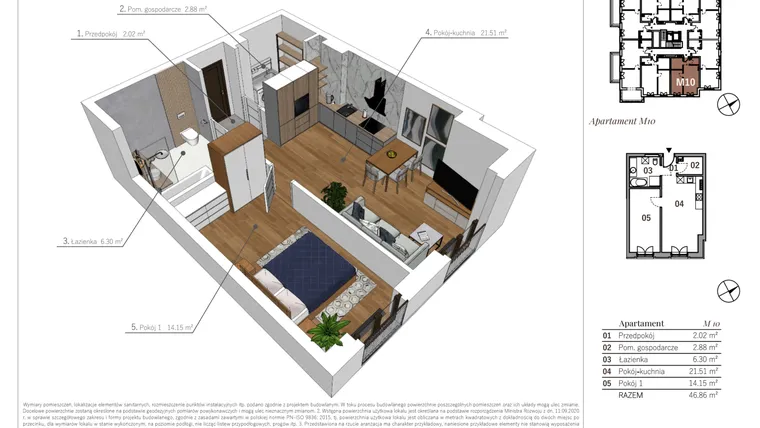 Rzut - Mieszkanie na sprzedaż 2 pokoje o powierzchni 46,86 m² - numer M10 w Przy Parku etap II