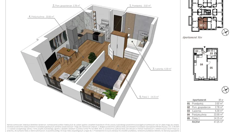 Rzut - Mieszkanie na sprzedaż 2 pokoje o powierzchni 47,25 m² - numer M11 w Przy Parku etap II