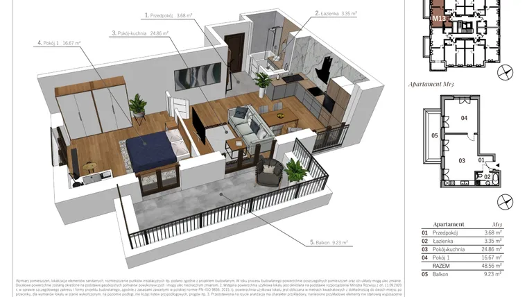 Rzut - Mieszkanie na sprzedaż 2 pokoje o powierzchni 48,56 m² - numer M13 w Przy Parku etap II