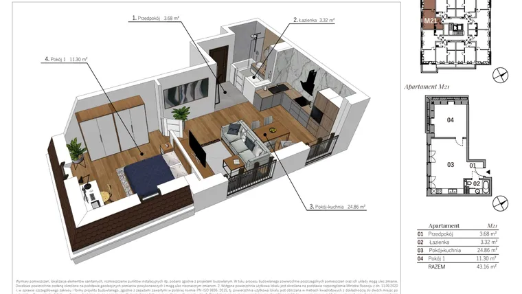 Rzut - Mieszkanie na sprzedaż 2 pokoje o powierzchni 43,16 m² - numer M21 w Przy Parku etap II